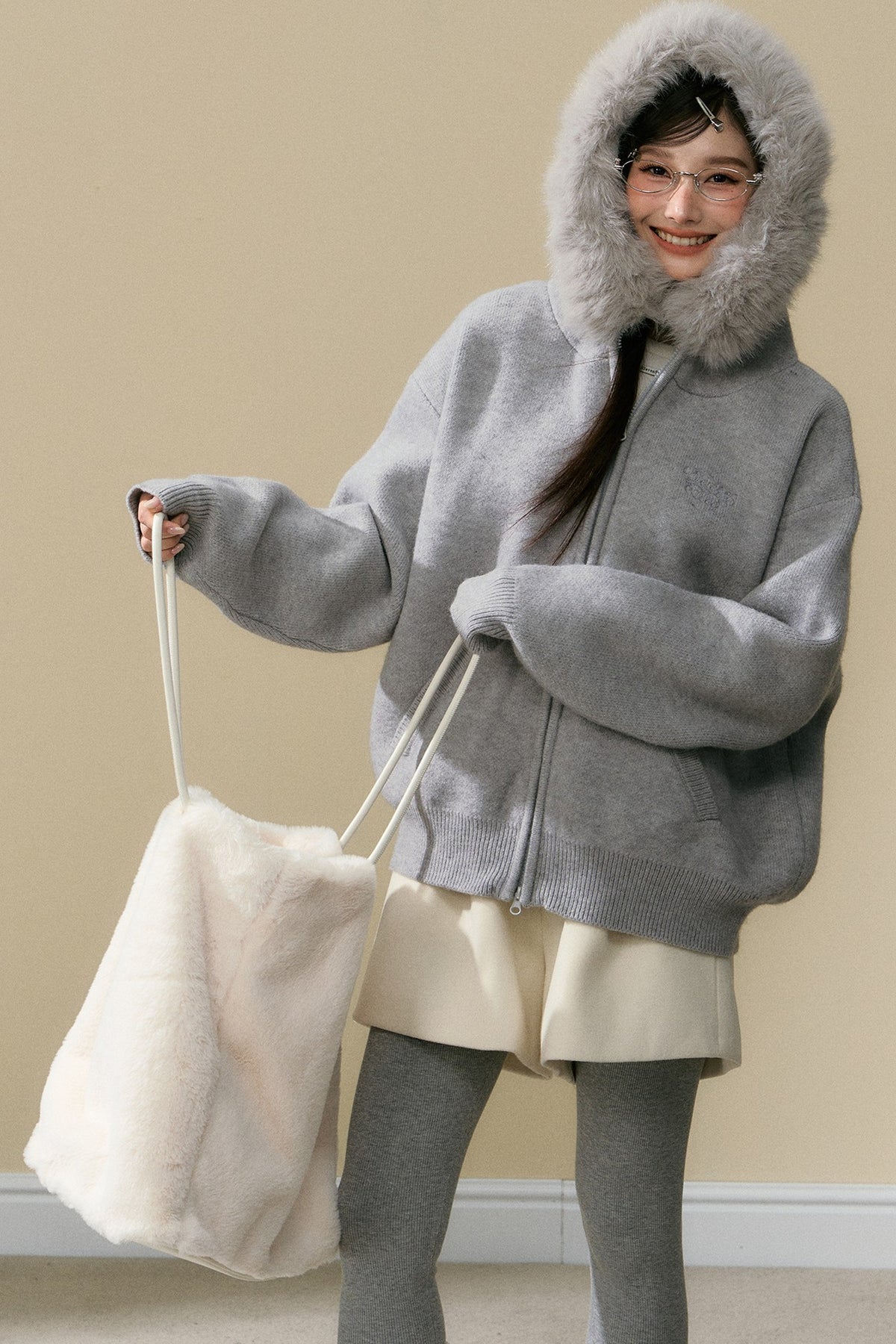 Gray Hooded Cardigan Jacket and Pants Set-Up