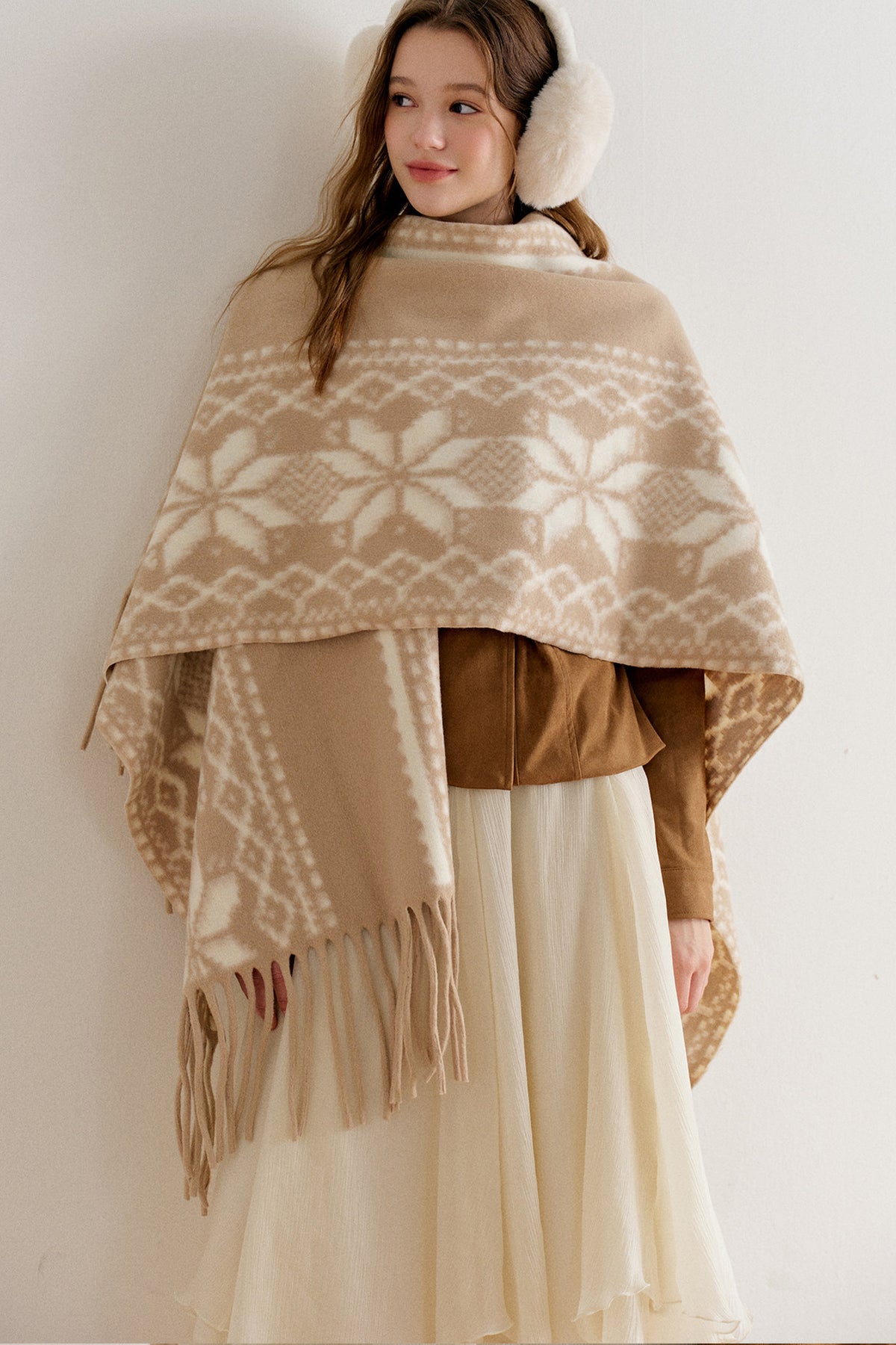 Khaki Fair Isle Jacquard Long Tassel Cape