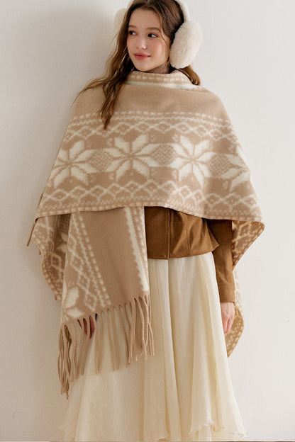 Khaki Fair Isle Jacquard Long Tassel Cape