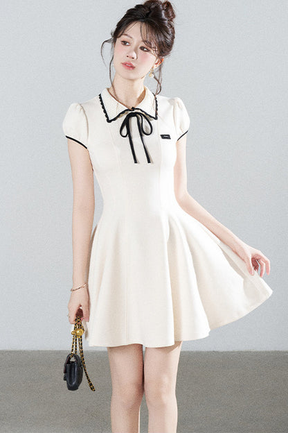 French Style Puff Sleeve Cinched Waist Dress