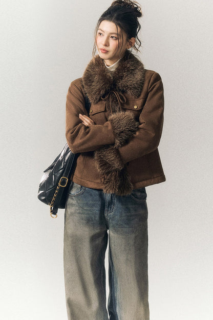 Suede Fur Collar Lace-Up Jacket