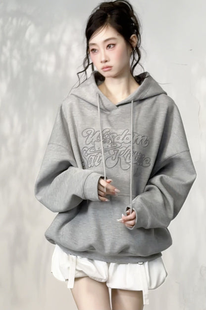 3D Embroidered Cat Waffle Hooded Sweatshirt