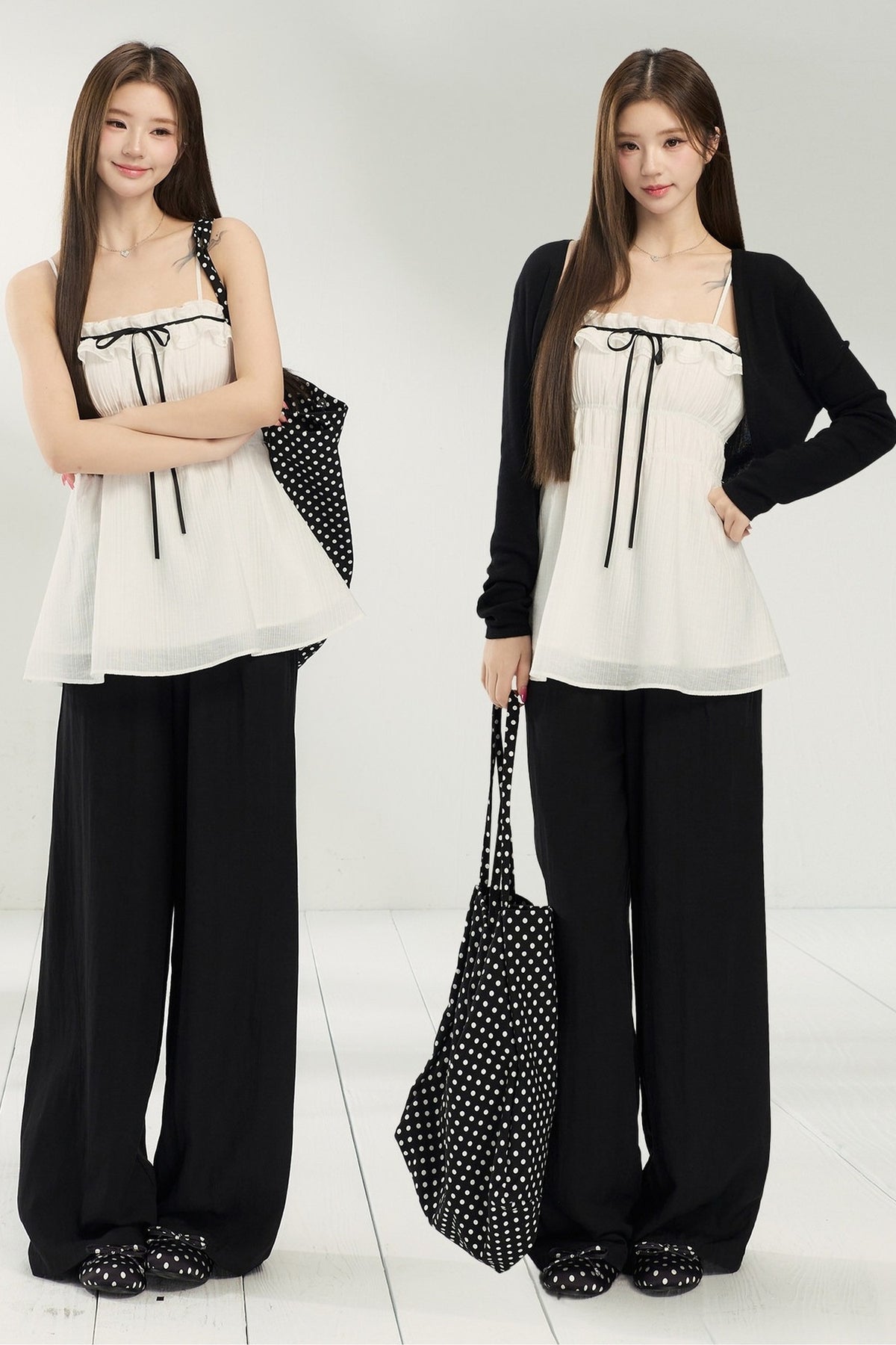 White Lace Collar Camisole With Cardigan And Pants Set-Up