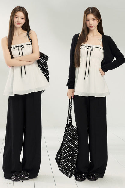 White Lace Collar Camisole With Cardigan And Pants Set-Up