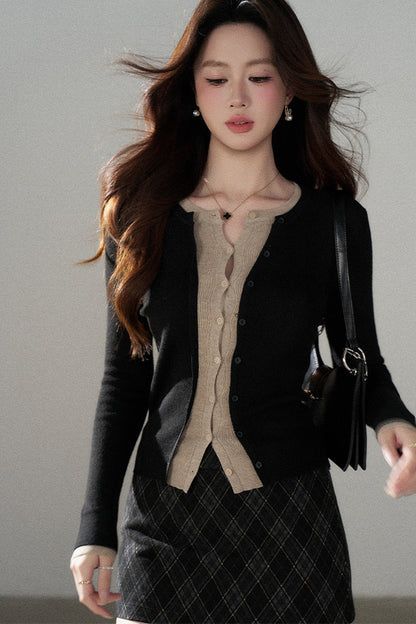High-Waisted Woolen Plaid Skirt