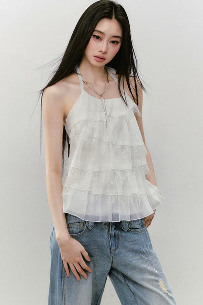 Top dos-nu patchwork en dentelle