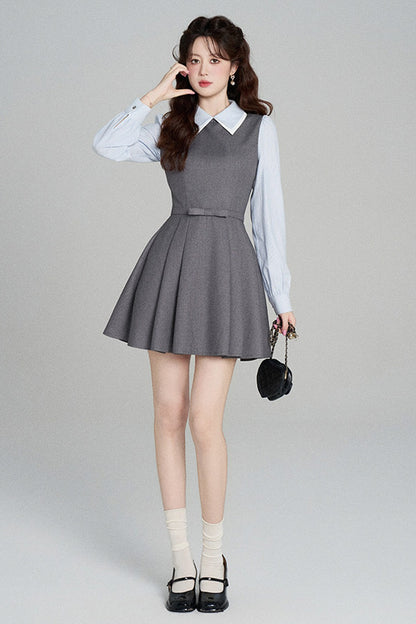 Gray Long-Sleeved A-Line Full Skirt Dress