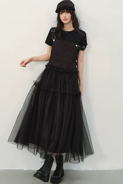 Black Denim Mesh A-Line Dress