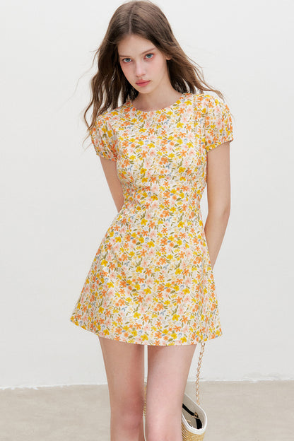 Warm Floral Puff Sleeve Dress