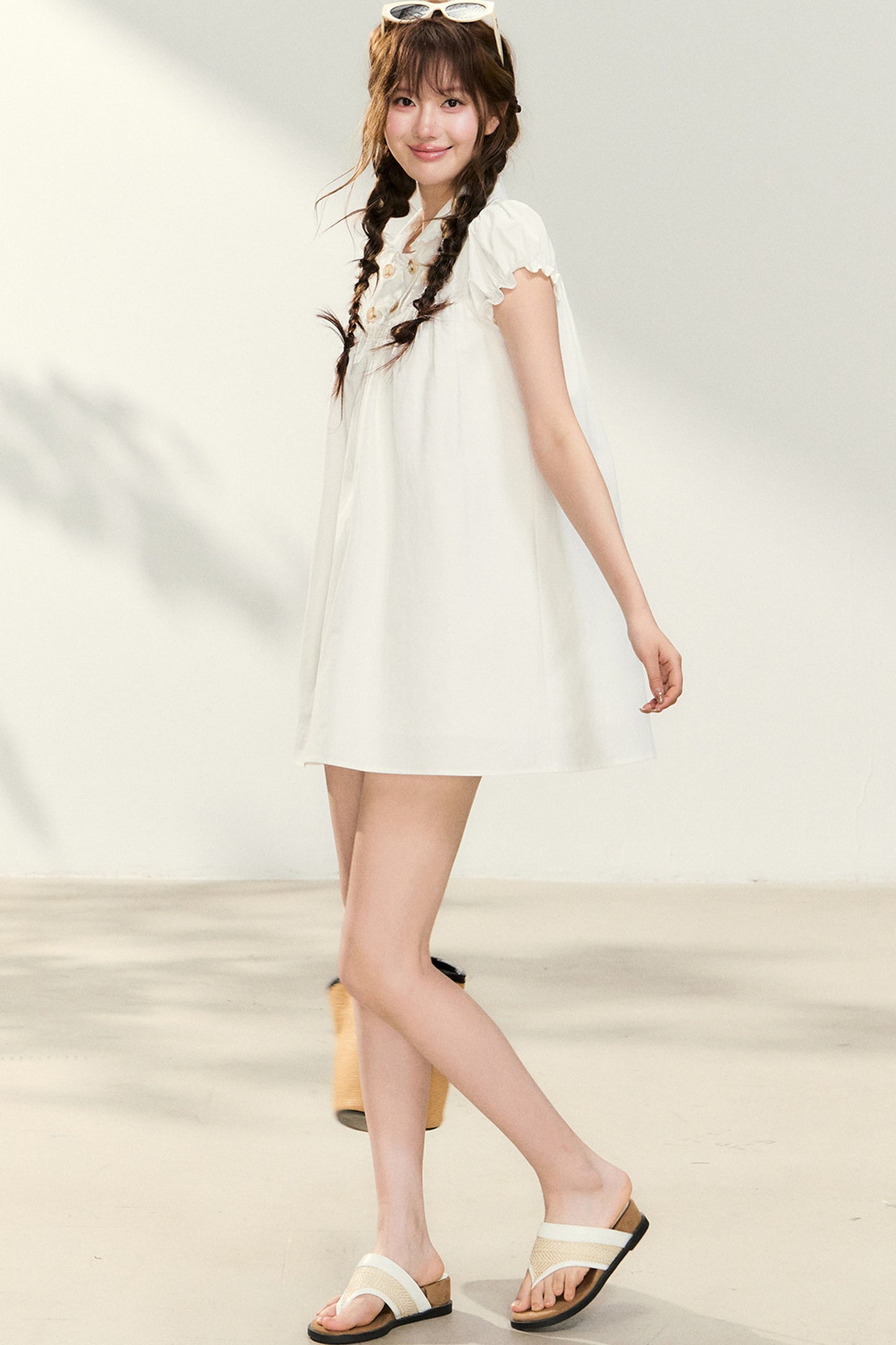 Double-Breasted Puff-Sleeve Peter Pan Collar Dress
