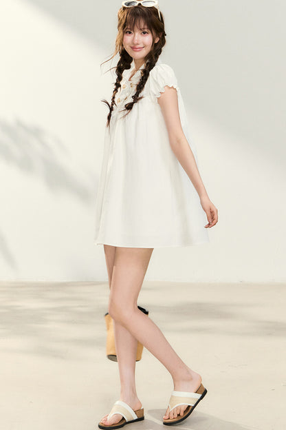 Double-Breasted Puff-Sleeve Peter Pan Collar Dress
