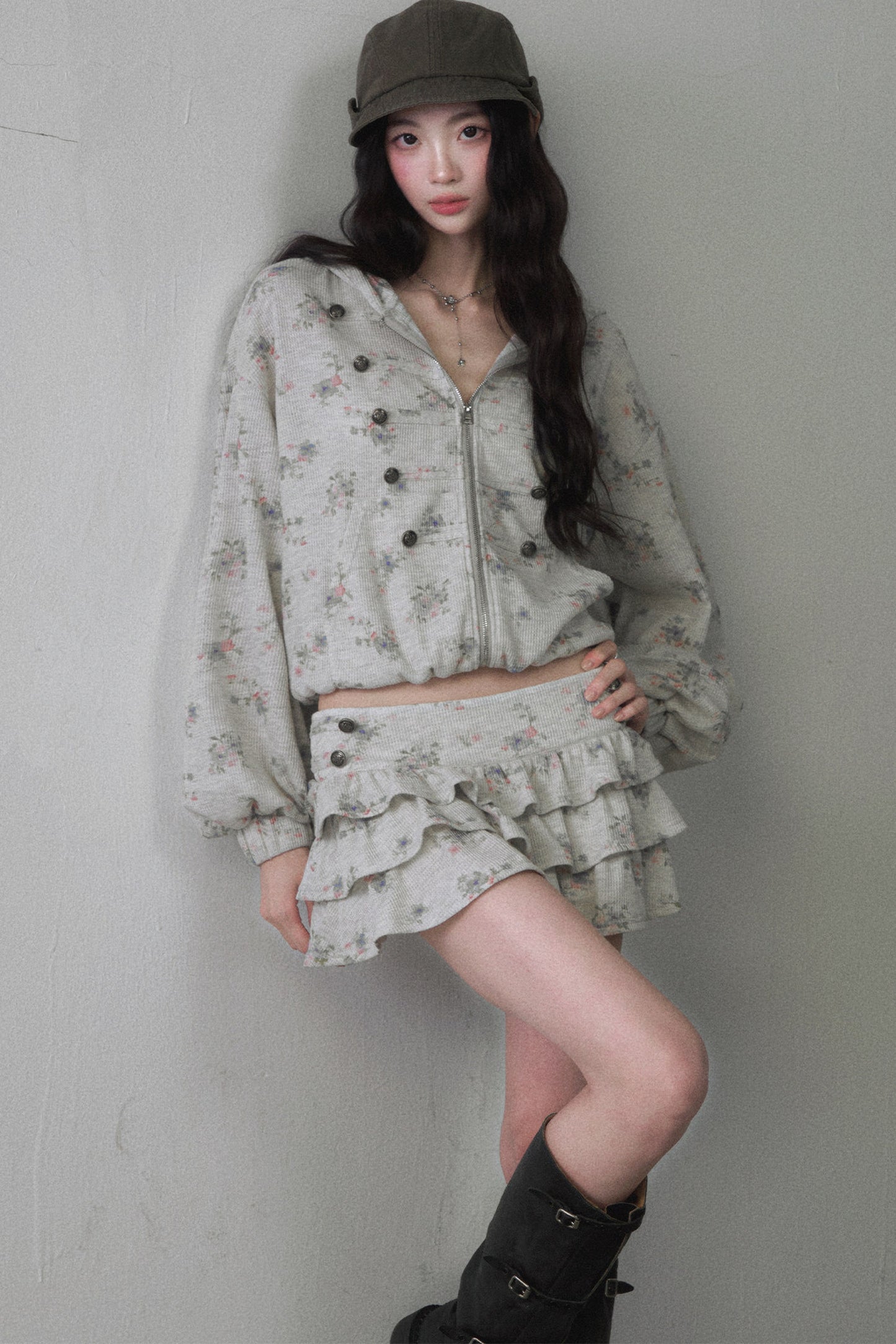Floral Hooded Sweatshirt and Multi-Layer Cake Skirt Set