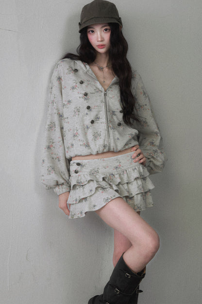 Floral Hooded Sweatshirt and Multi-Layer Cake Skirt Set