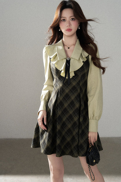 Green Long-Sleeve Layered-Look Dress