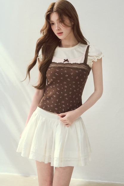 Floral Lace Strap Camisole And Puff Sleeve Top