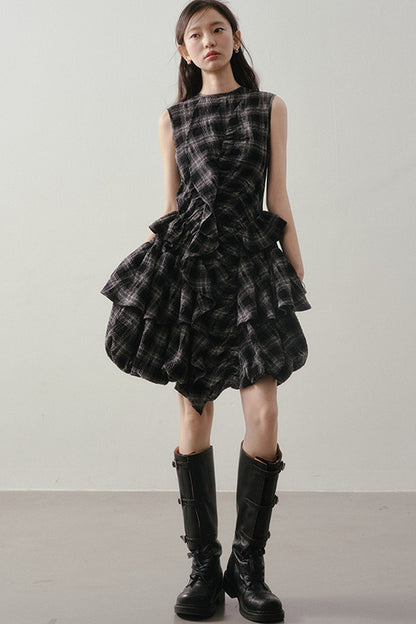 Plaid Ruffle Flower Bud Dress