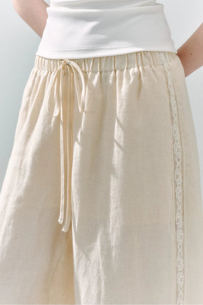 Pure Linen Lace-Trimmed Wide Leg Pants