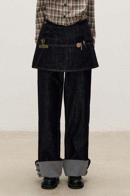 Two-Piece Detachable Apron Cuffed Jeans