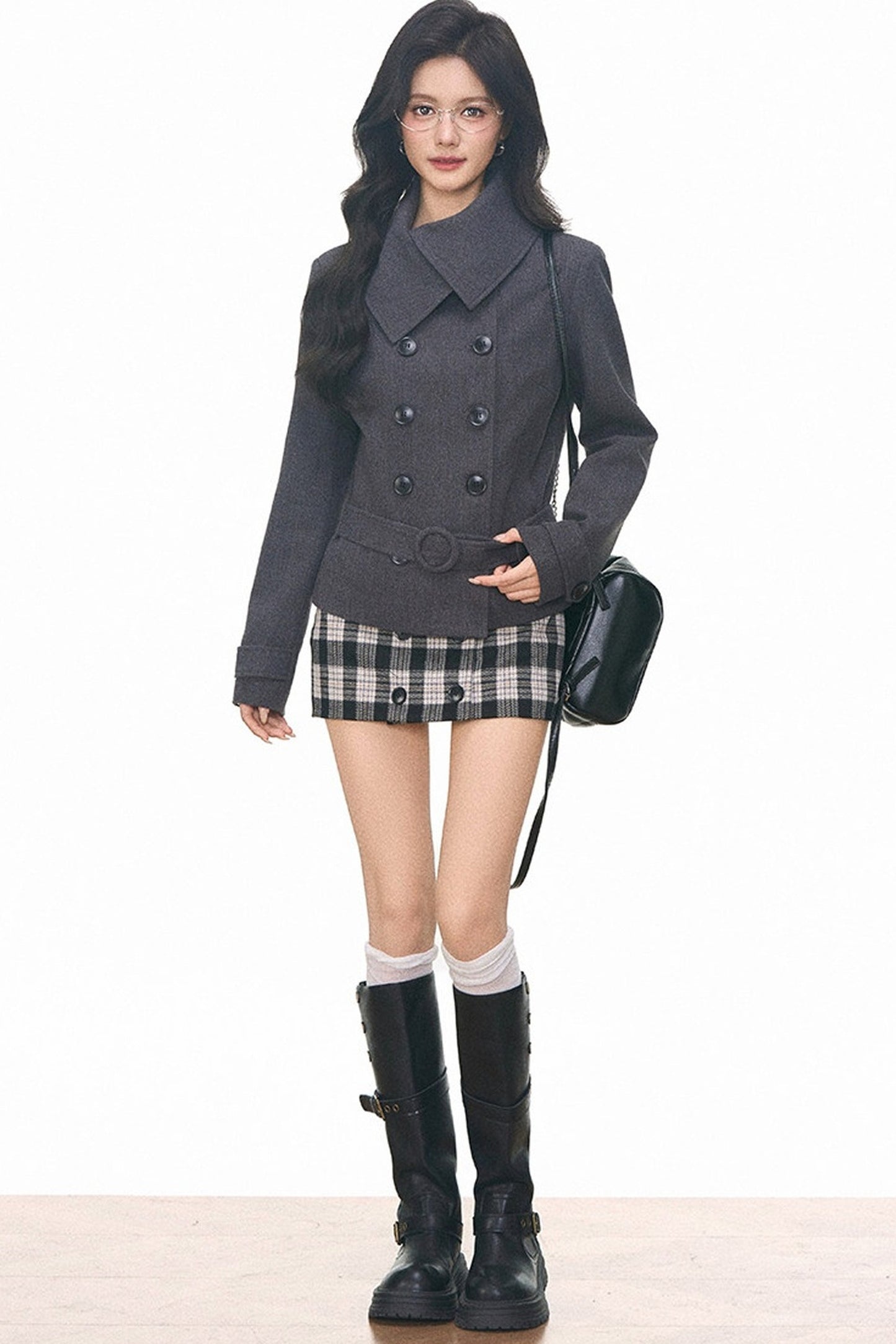 Double-Breasted Woolen Coat and Skirt Set-Up