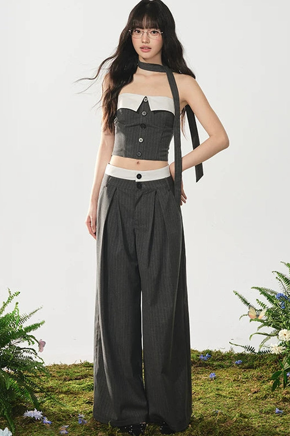 Color-Block Off-Shoulder Top Wide-Leg Pants Set