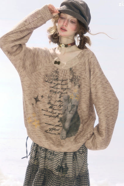 Distressed Cat Print Sweatshirt