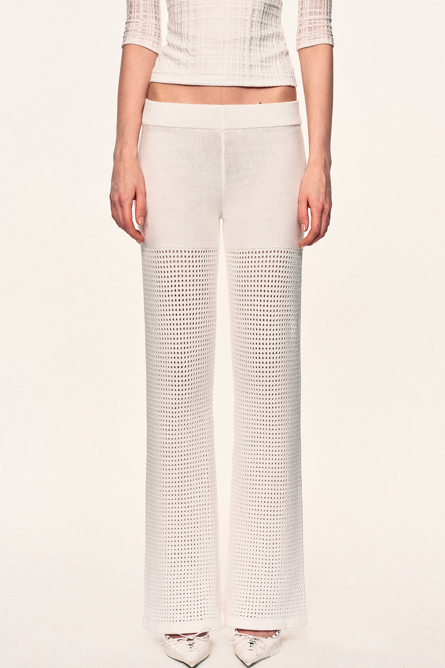 White Hollow-Out Mesh Crochet Straight Pants
