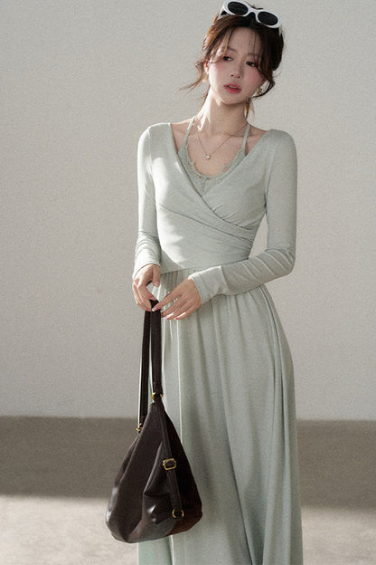 Long Sleeve V-Neck Lace Knit Dress