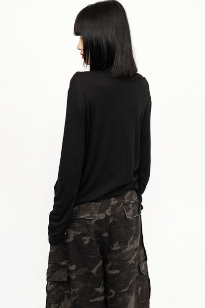 Black Off-Shoulder Letter Print Long Sleeve Tee