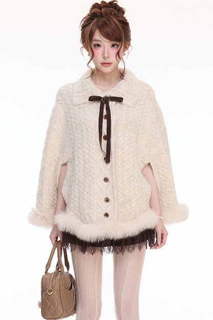 Fox Fur Hem Lapel Cape and Lace Skirt Set-Up