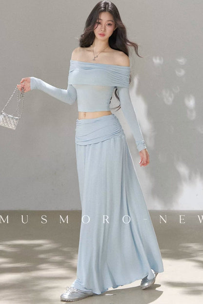 Pleated One-Shoulder Knit and Skirt Set-Up