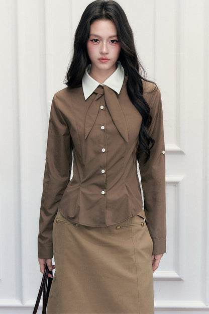 Retro Preppy Color-Blocking Shirt Knitted Vest and Skirt Set-Up
