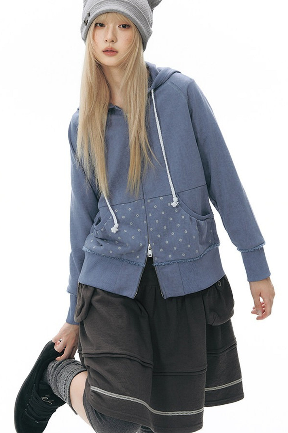 Distressed Floral Print Hooded Open Front Jacket