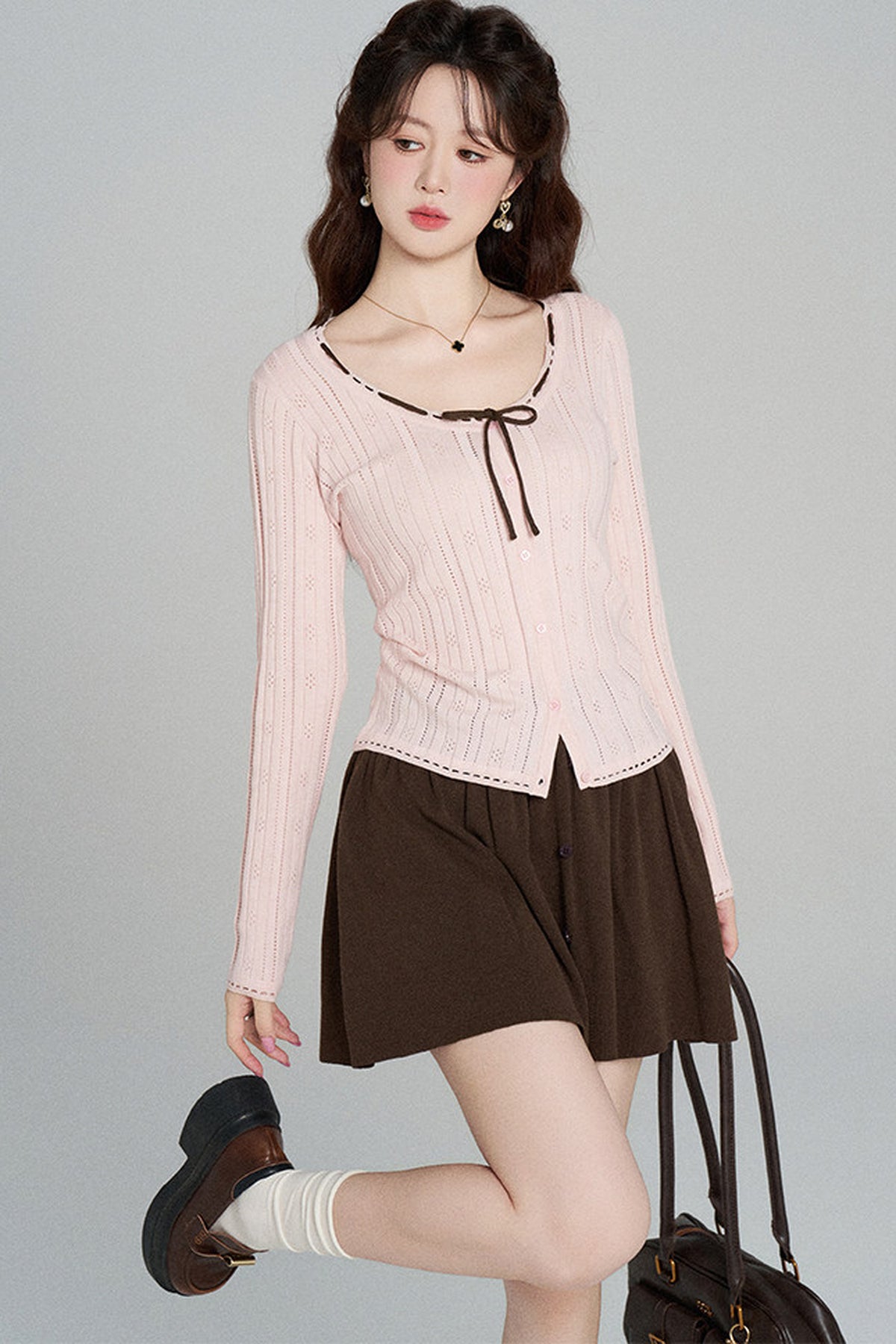 Hollow-Out Knit Cardigan and Skirt Set-Up