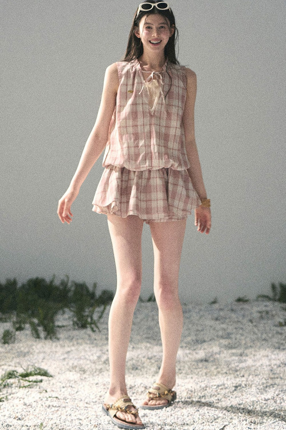Lace Plaid Puff Dress Set