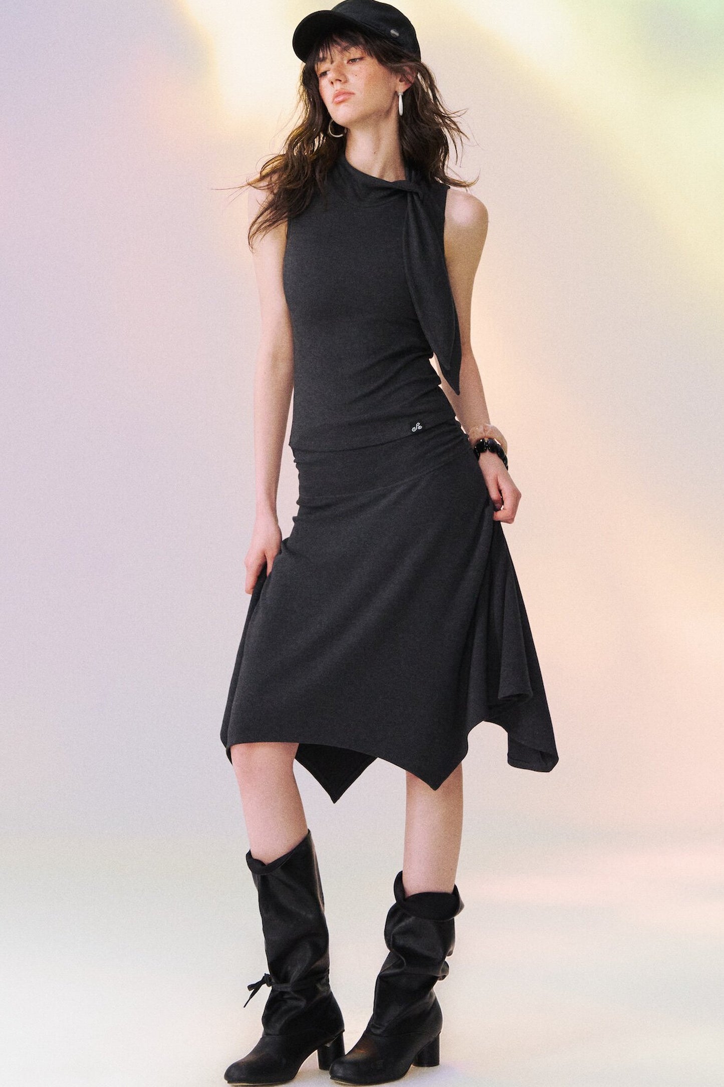 Ribbon Tie Sleeveless Top and Asymmetrical Skirt Set-Up