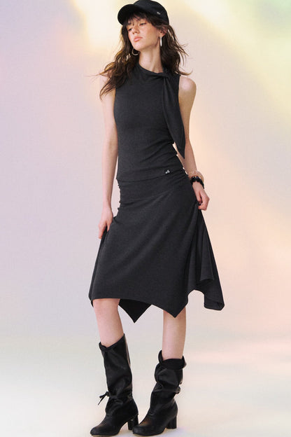 Ribbon Tie Sleeveless Top and Asymmetrical Skirt Set-Up