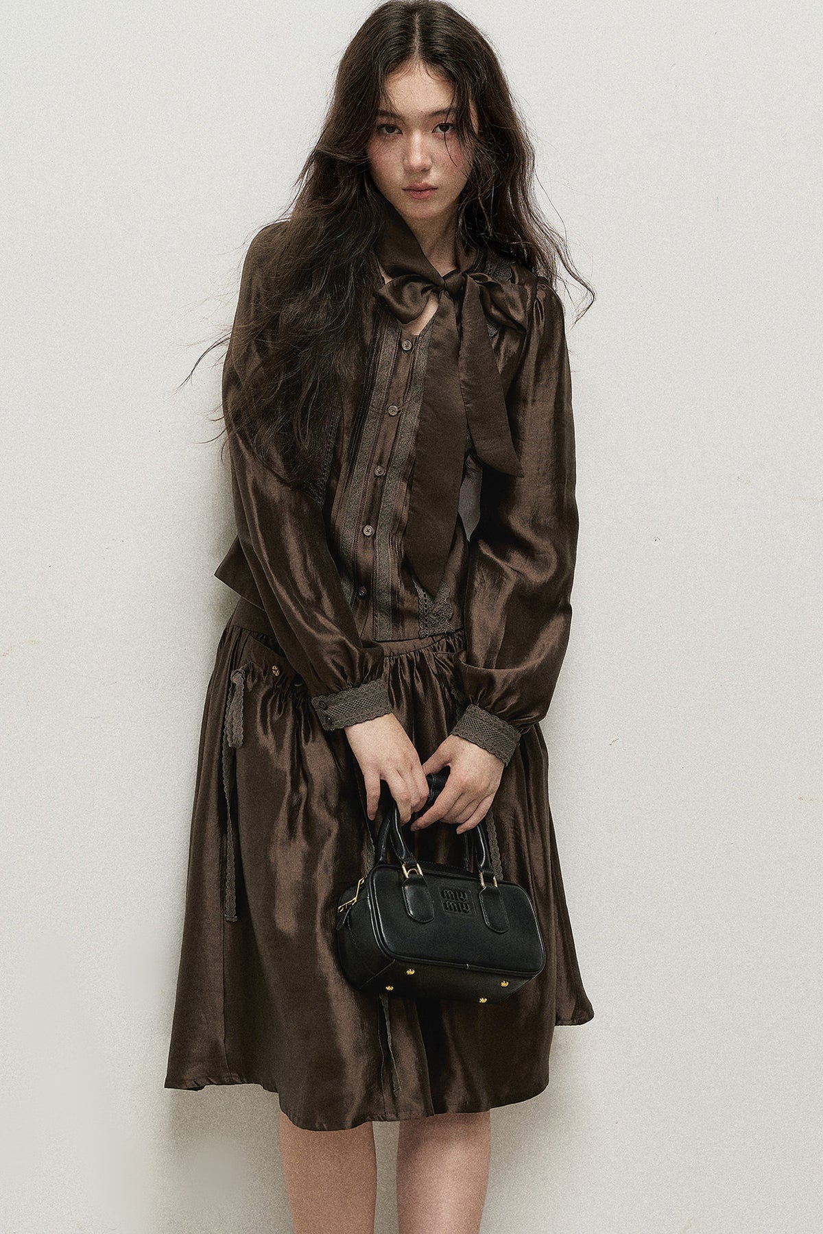 Lyocell V-Neck Shirt and Skirt Set-Up