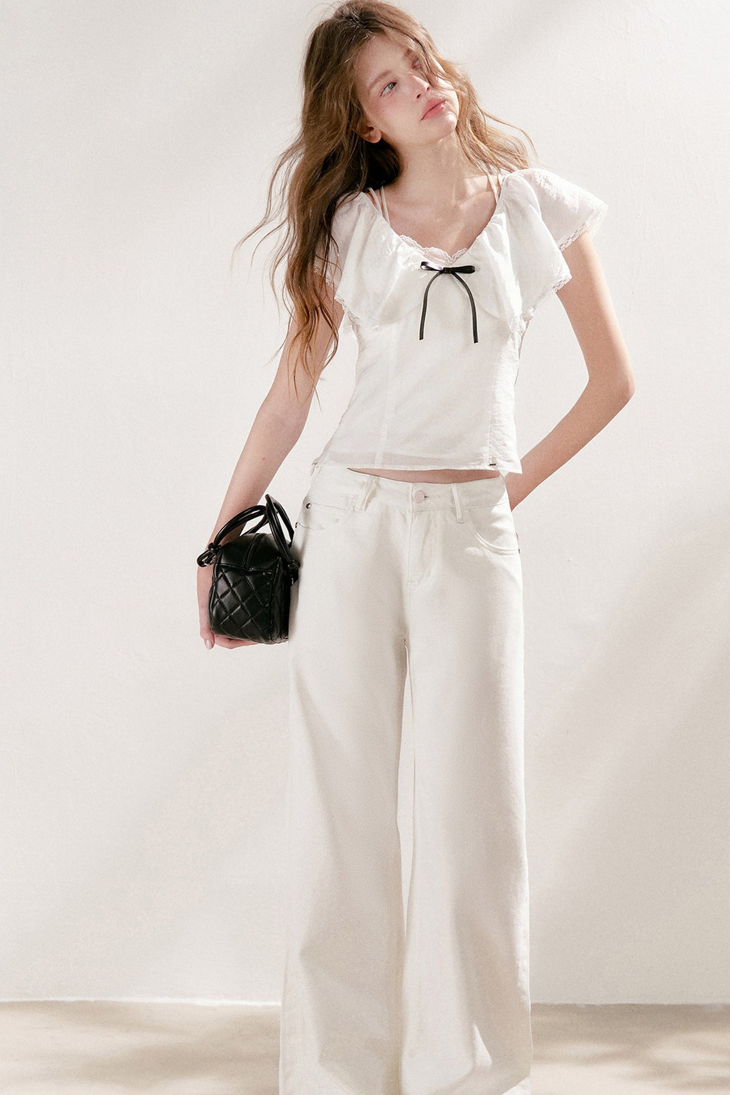 Lyocell Linen Ruffle Bow V-Neck Top and Skirt Set-Up