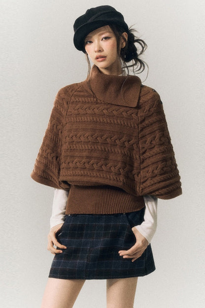Cable Knit Lapel Cape Sweater
