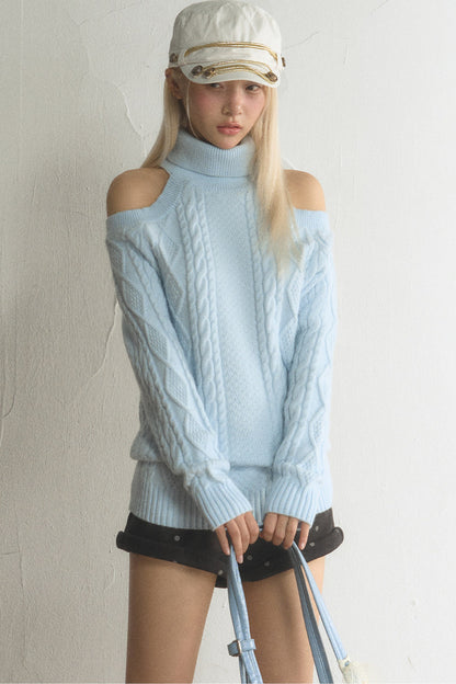 High-Neck Cut-Out Cable Knit Top and Pants Set-Up