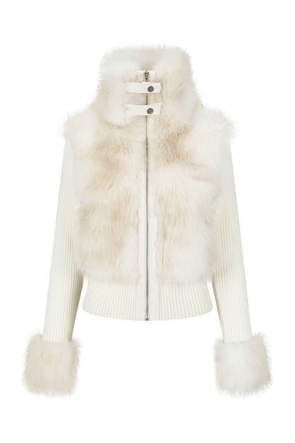 Layered-Look Fur Patchwork Knit Jacket