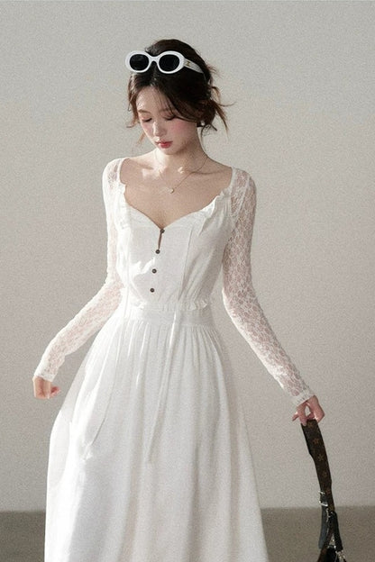Robe trapèze en dentelle à boutons