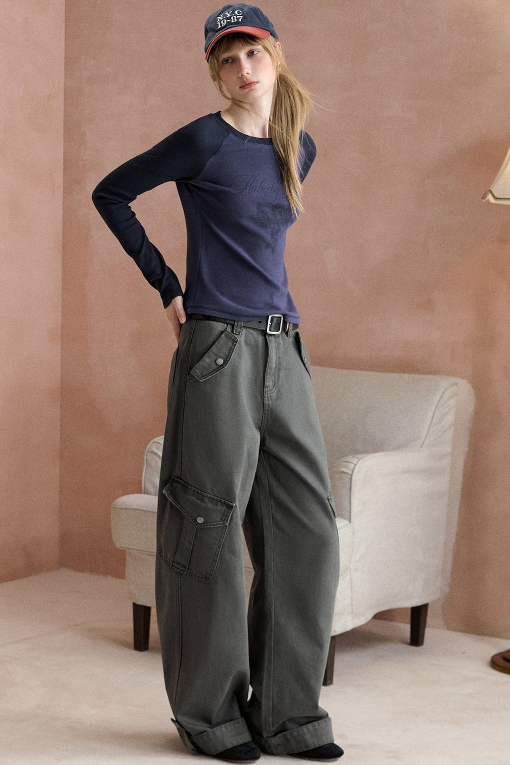 Gray Green Cargo Wide-Leg Pants