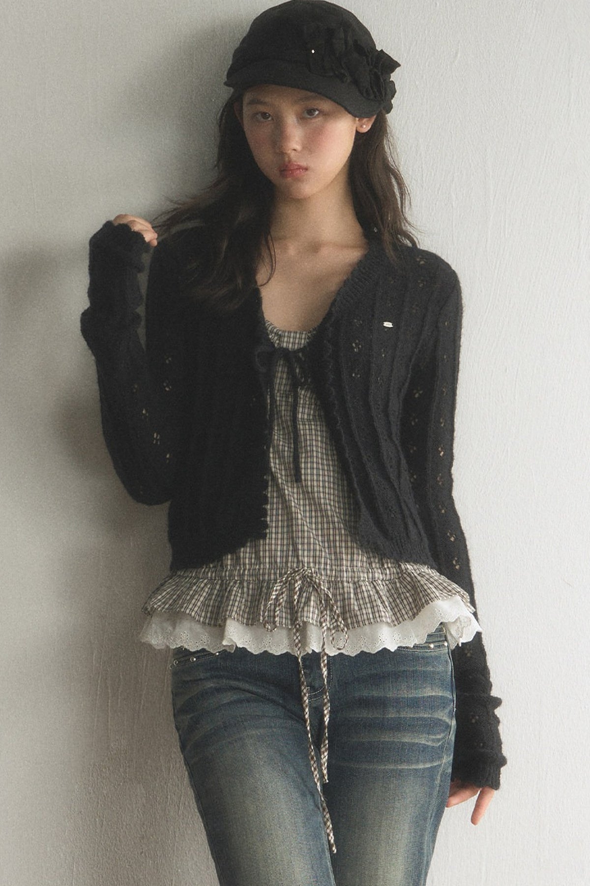 Hollow Knit Cardigan and Jeans Set-Up