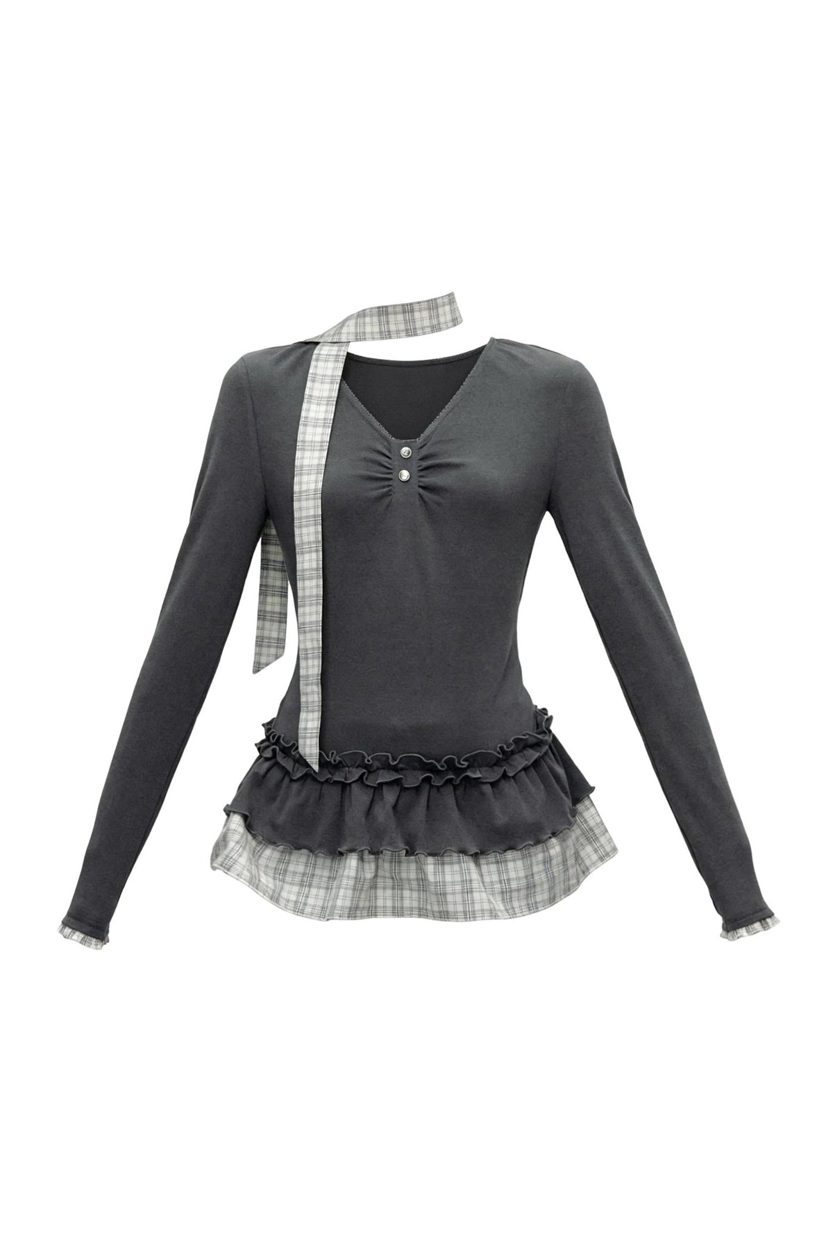 V-Neck Plaid Ruffled T-Shirt and Pants Set-Up