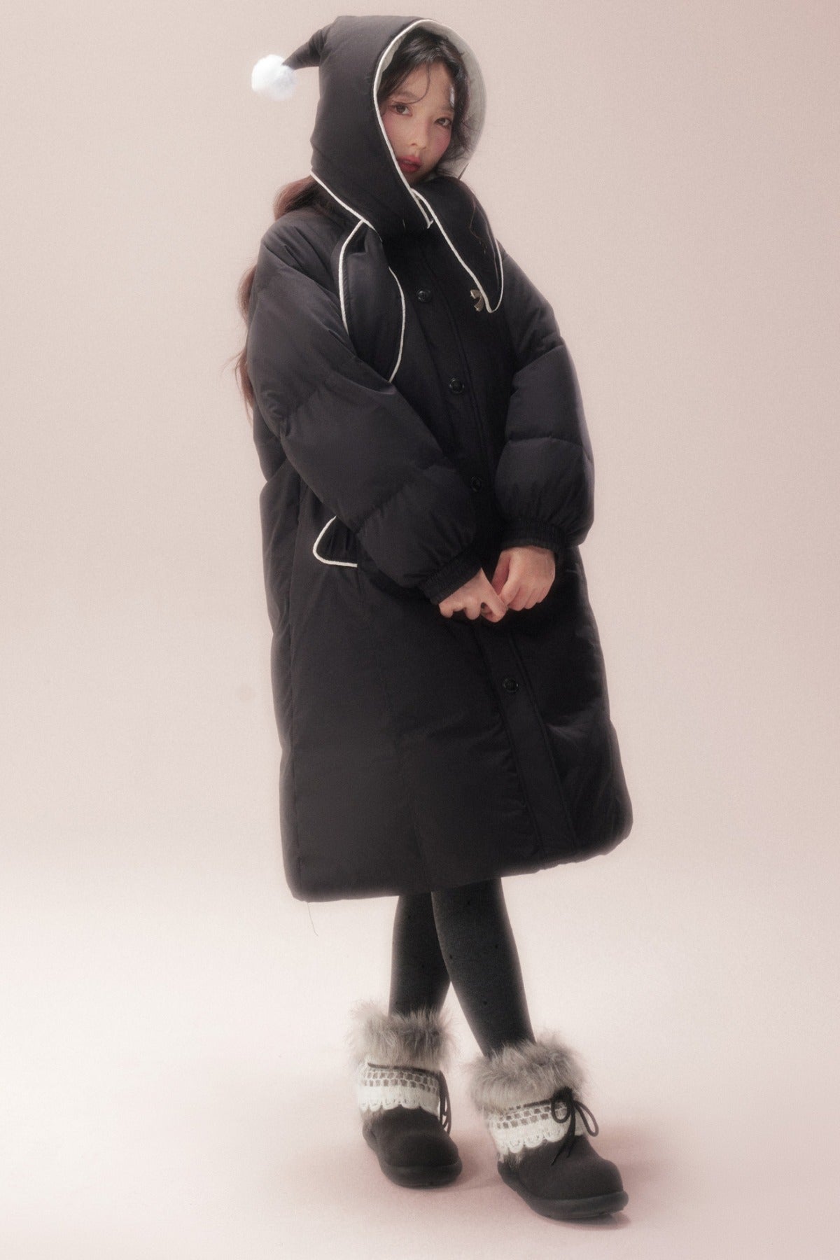 Cute Fur Ball Scarf Hat Long White Duck Down Jacket