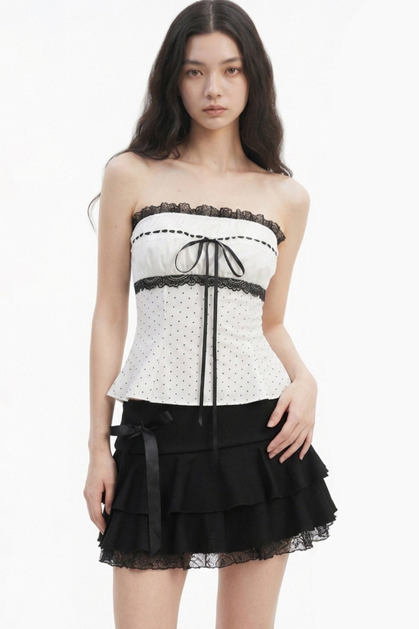 Polka Dot Lace Trim Strapless Top