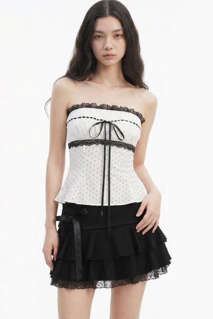 Polka Dot Lace Trim Strapless Top