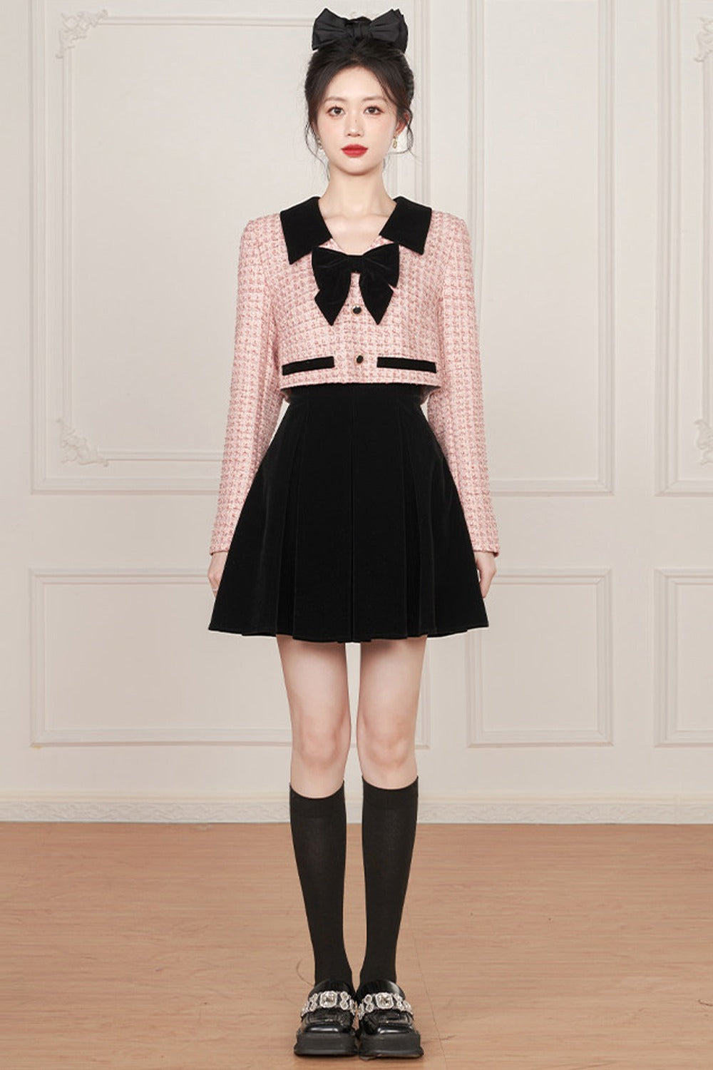 Pink Bow Layered-Look Tweed Dress
