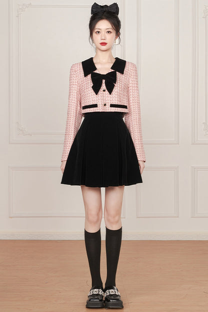 Pink Bow Layered-Look Tweed Dress